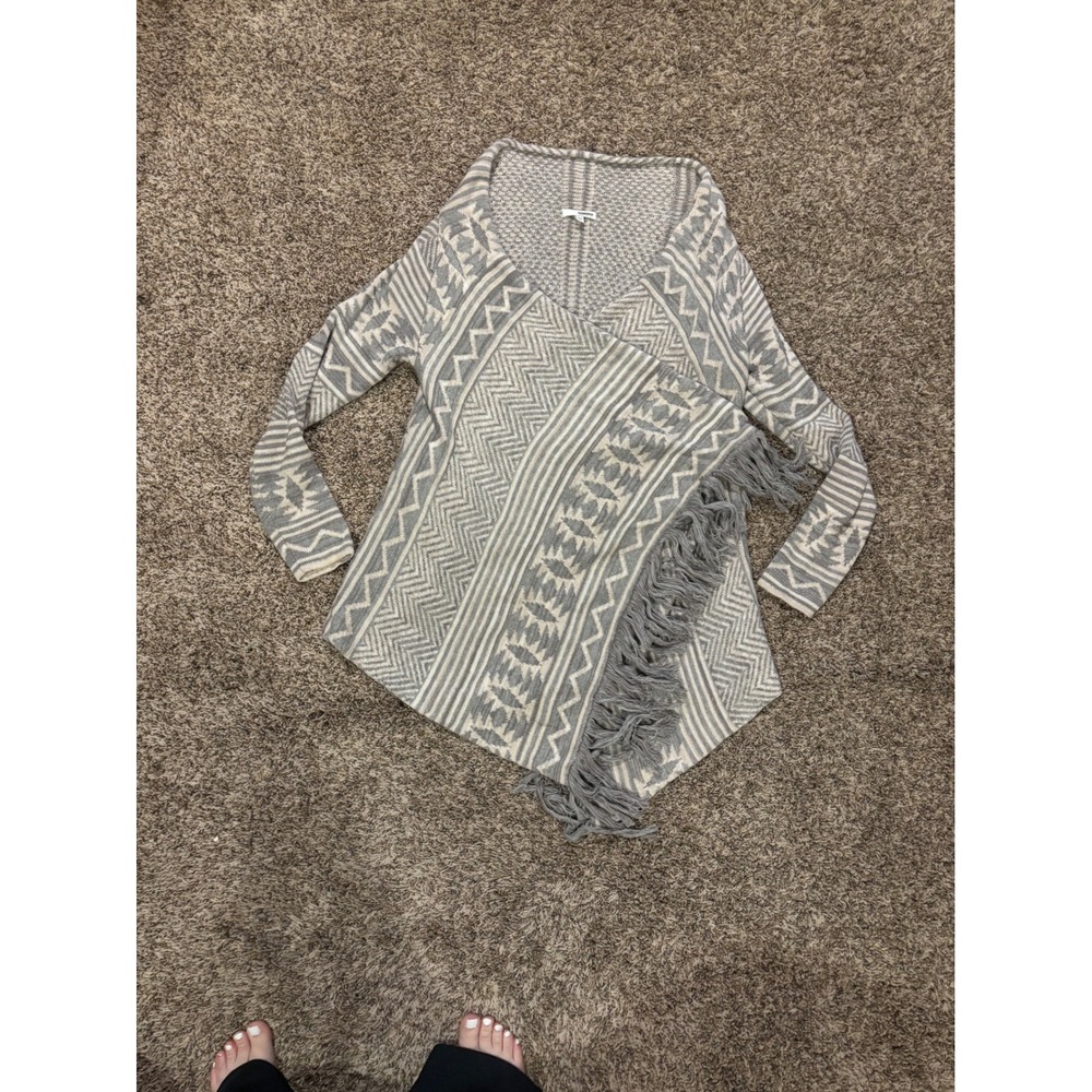 Sonoma Goods For Life Womens Grey White Southwestern Fringe Cardigan Sweater M